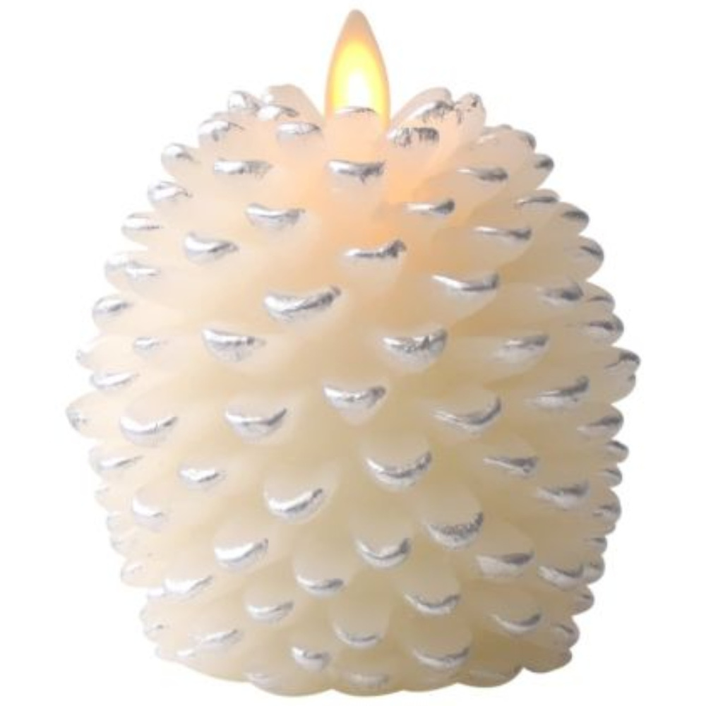 NIB- Luminara Real Wax Flameless LED White with Silver Tips Pinecone Candle